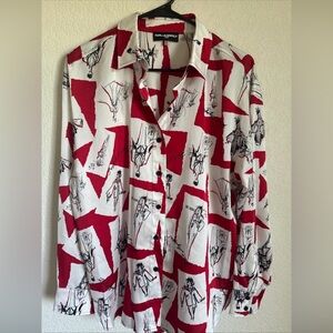 Karl Lagerfeld Women's Long Sleeve Blouse Satin Red and White Graphic Button-Up